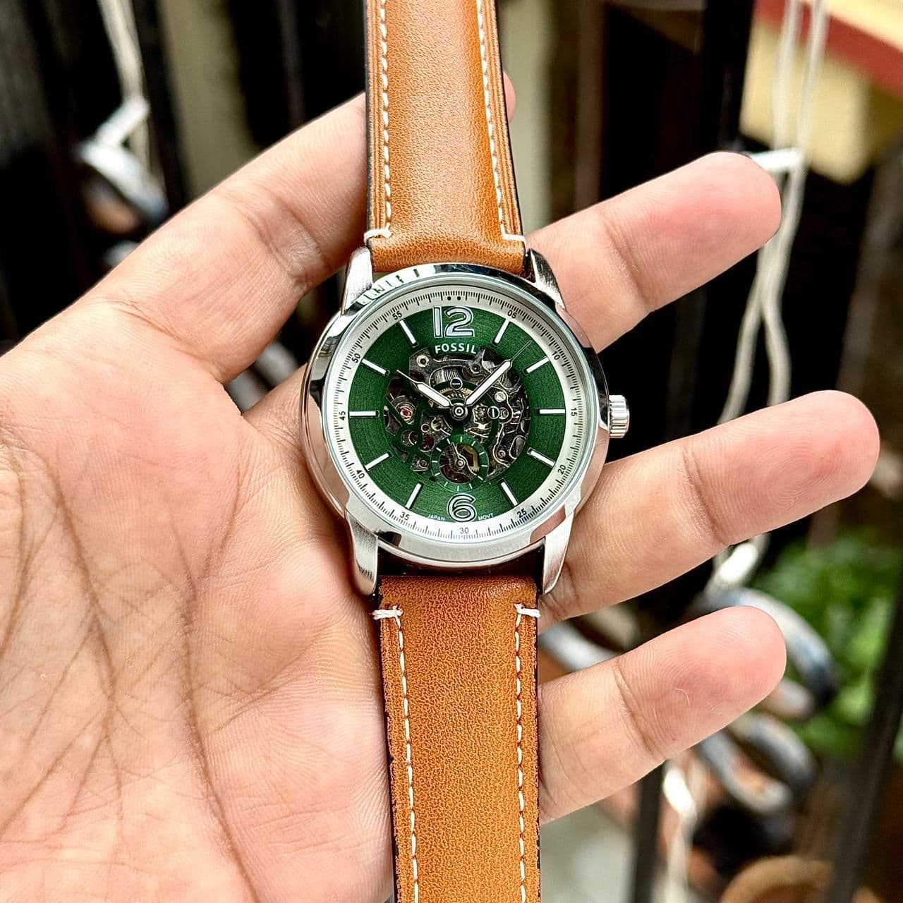 Fossil Heritage Skeleton Automatic Leather Watch view 3