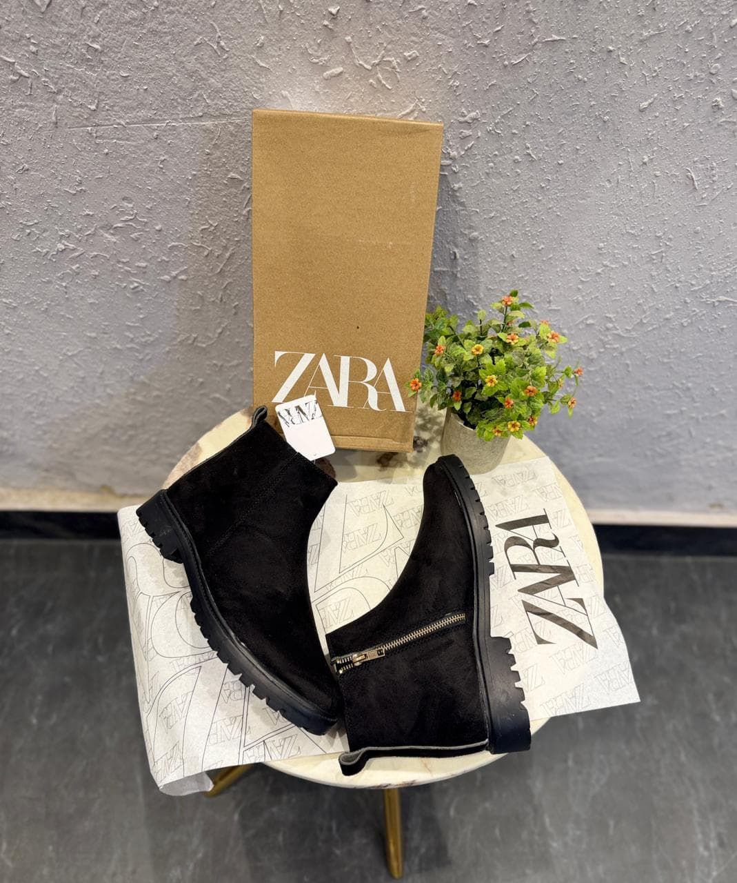 ZARA MID ANKLE ZIP CUM LACES BLACK BOOTS