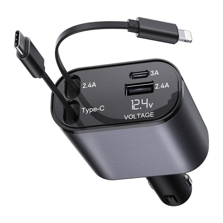 4-in-1 Retractable Fast Car Charger – 60W PD & QC 3.0 with Voltage Display view 2
