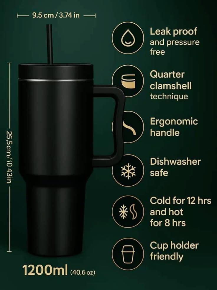 Insulated Travel Tumbler with Handle – 40oz Double-Wall Vacuum Stainless Steel Mug view 2