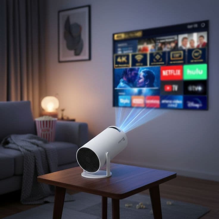 Smart Portable Projector – 4K Support, Android 11 & 180° Rotatable Design