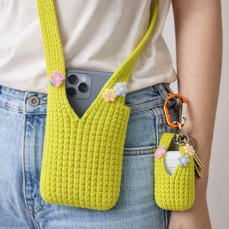 Chic Knitted Crossbody Phone Bag – Handcrafted Crochet Mobile Pouch view 3