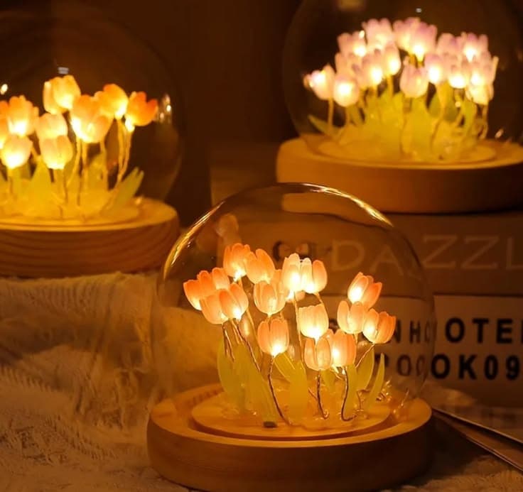 Handmade Tulip Galaxy Globe – Eternal Floral Glass Dome with LED Warm Ambient Light view 3