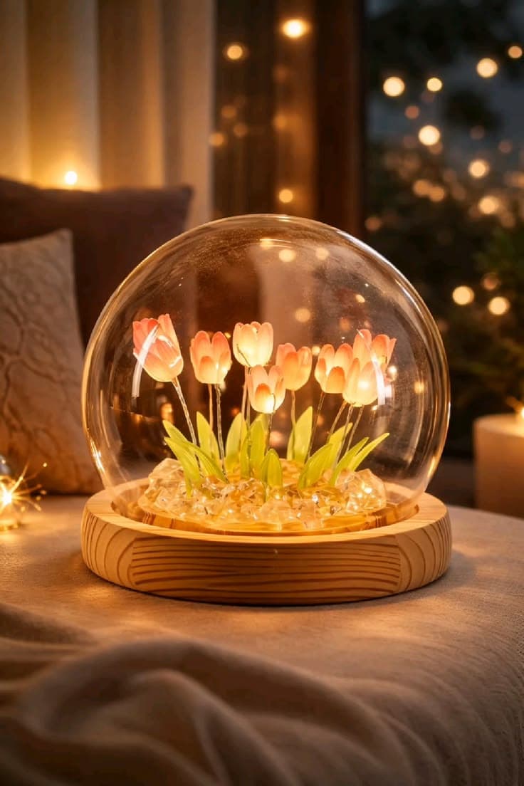 Handmade Tulip Galaxy Globe – Eternal Floral Glass Dome with LED Warm Ambient Light view 1