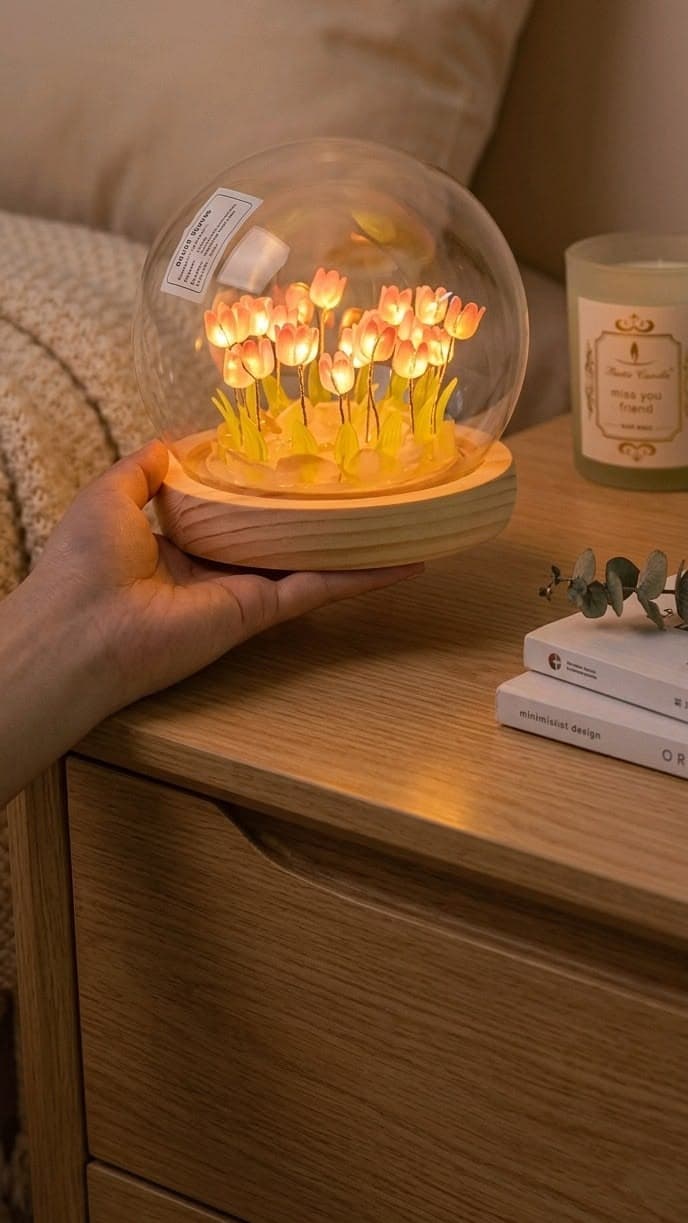 Handmade Tulip Galaxy Globe – Eternal Floral Glass Dome with LED Warm Ambient Light view 2