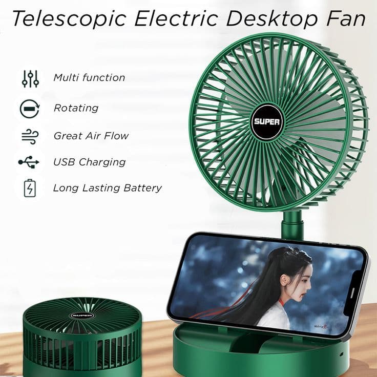 Product Title Telescopic Rechargeable Desktop Fan – 3-Speed Foldable Fan with 360° Rotation & Phone Holder view 1